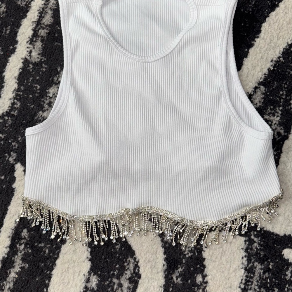 NWOT White Beaded Fringe Tank Top